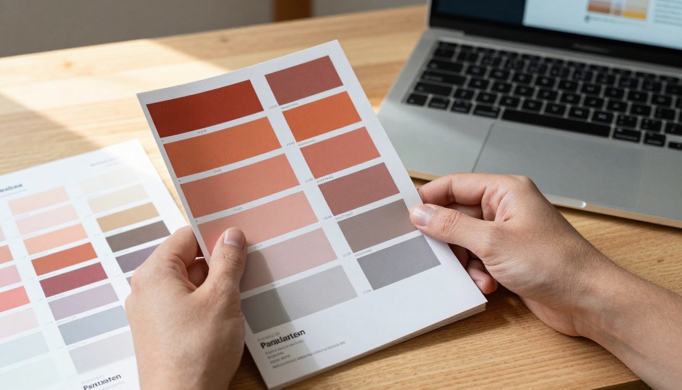 Designer's hand holding a pantone color swatch book beside printed brand color reference cards on a light birch desk in warm afternoon light Designer's hand holding a pantone color swatch book beside printed brand color reference cards on a light birch desk in warm afternoon light