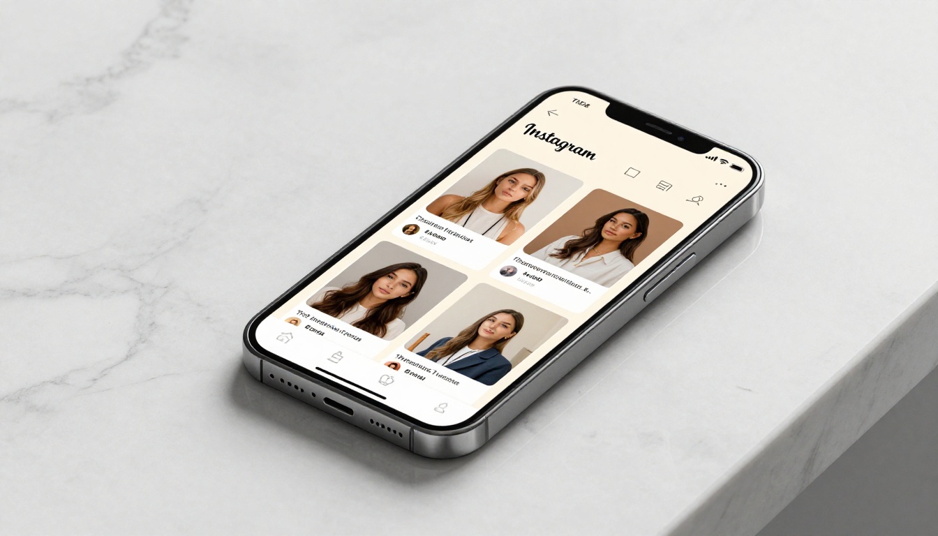 Smartphone showing a polished Instagram brand feed grid with consistent cream backgrounds, minimal logotypes, and cohesive visual identity Smartphone showing a polished Instagram brand feed grid with consistent cream backgrounds, minimal logotypes, and cohesive visual identity