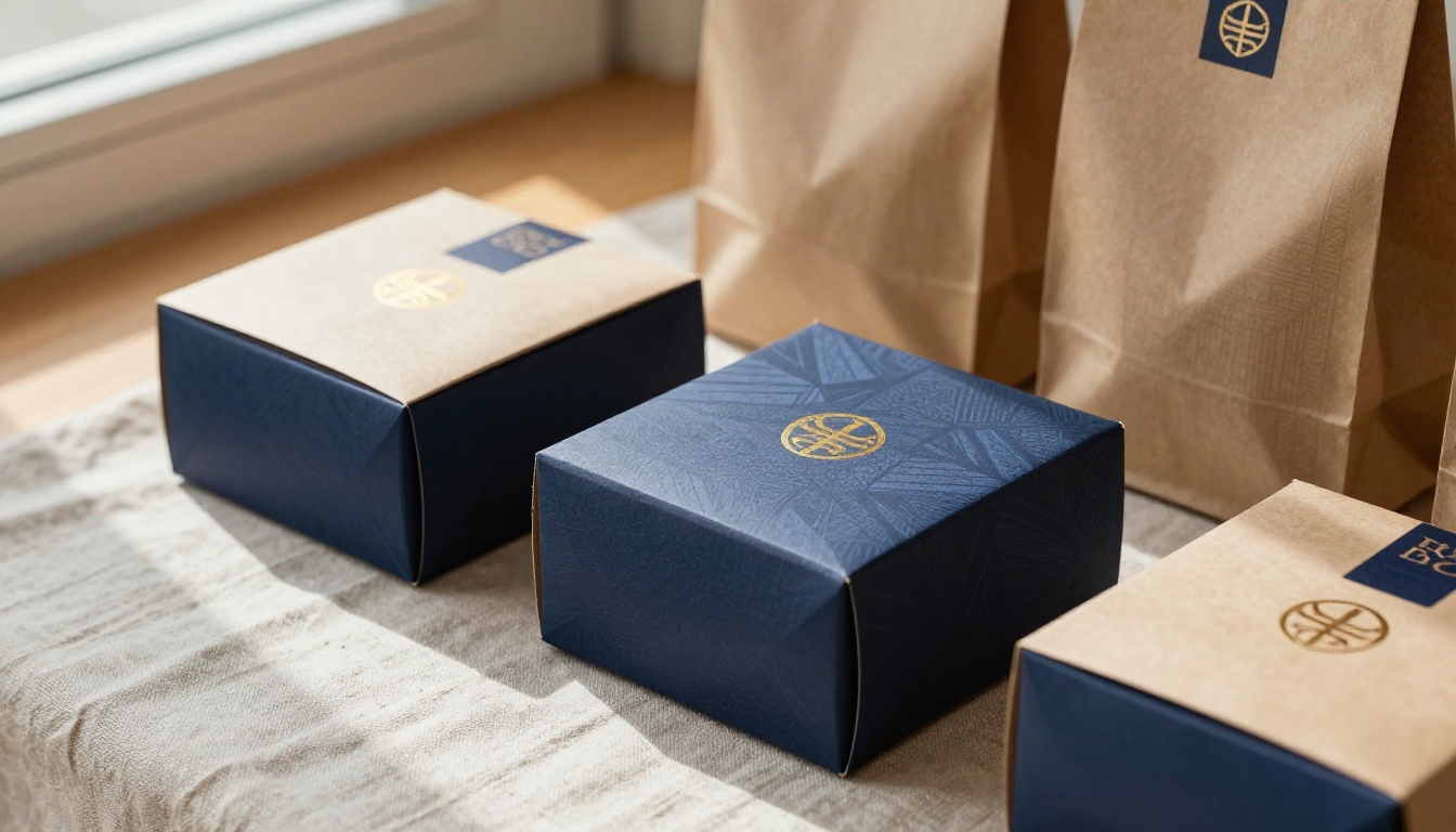 Close-up of luxury packaging boxes with geometric brand pattern in indigo and sand white with gold foil logomark stamped on the surface Close-up of luxury packaging boxes with geometric brand pattern in indigo and sand white with gold foil logomark stamped on the surface