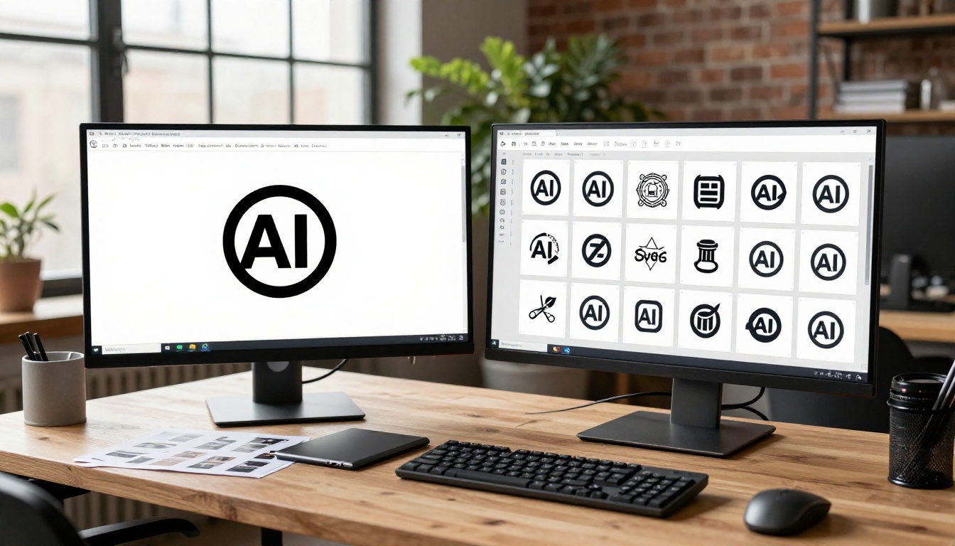 Dual-monitor creative workstation in a loft studio showing AI logo design comparison workflow with brand identity outputs on both screens Dual-monitor creative workstation in a loft studio showing AI logo design comparison workflow with brand identity outputs on both screens