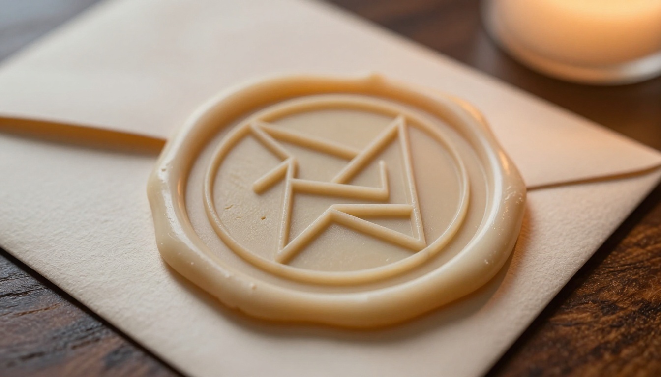 Macro close-up of geometric logomark stamped into cream wax seal on a premium envelope, candlelight creating warm amber glow on the wax surface texture Macro close-up of geometric logomark stamped into cream wax seal on a premium envelope, candlelight creating warm amber glow on the wax surface texture