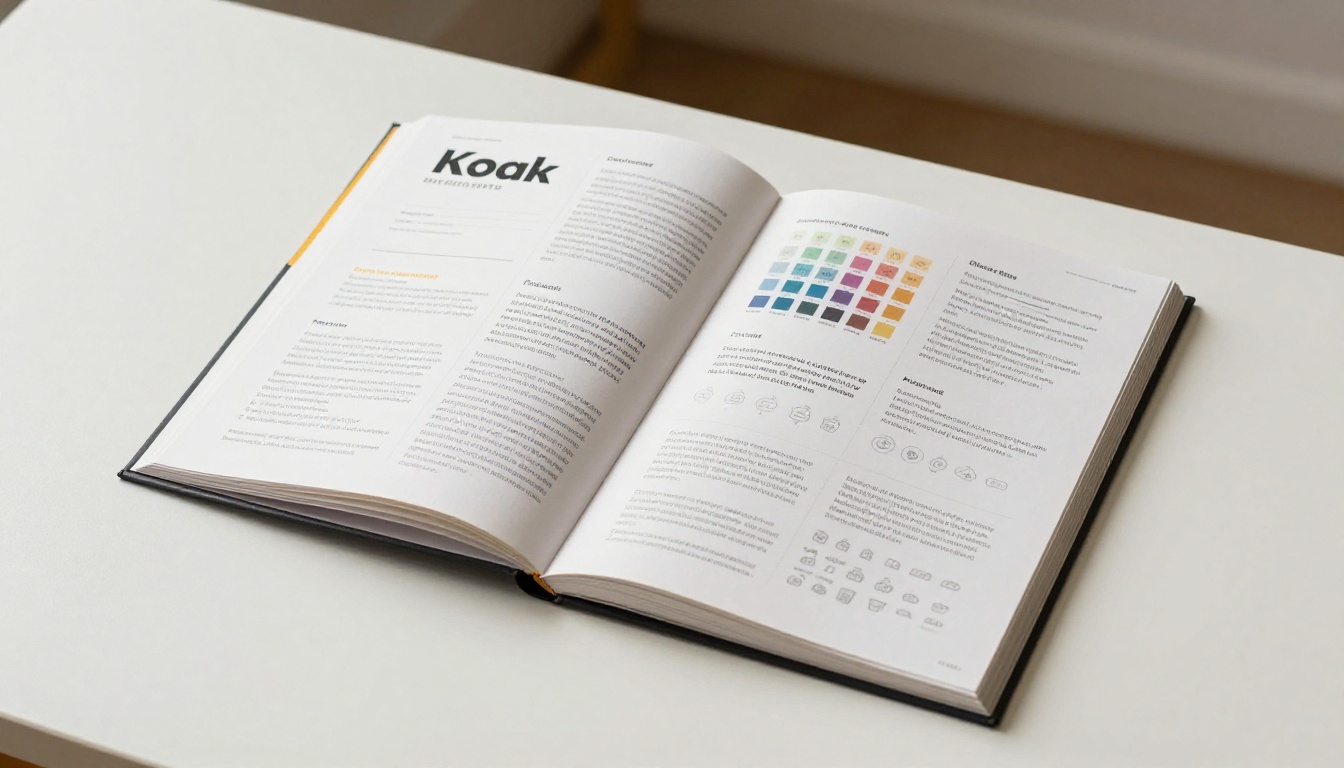 Brand standards booklet open flat on a white studio table showing typography hierarchy, color palette chips, logo usage rules, and icon specimens Brand standards booklet open flat on a white studio table showing typography hierarchy, color palette chips, logo usage rules, and icon specimens