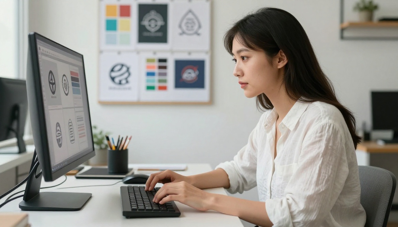 Young female graphic designer in white linen shirt reviewing brand logo concepts on a large monitor in a bright studio with pinboard of sketched drafts behind Young female graphic designer in white linen shirt reviewing brand logo concepts on a large monitor in a bright studio with pinboard of sketched drafts behind
