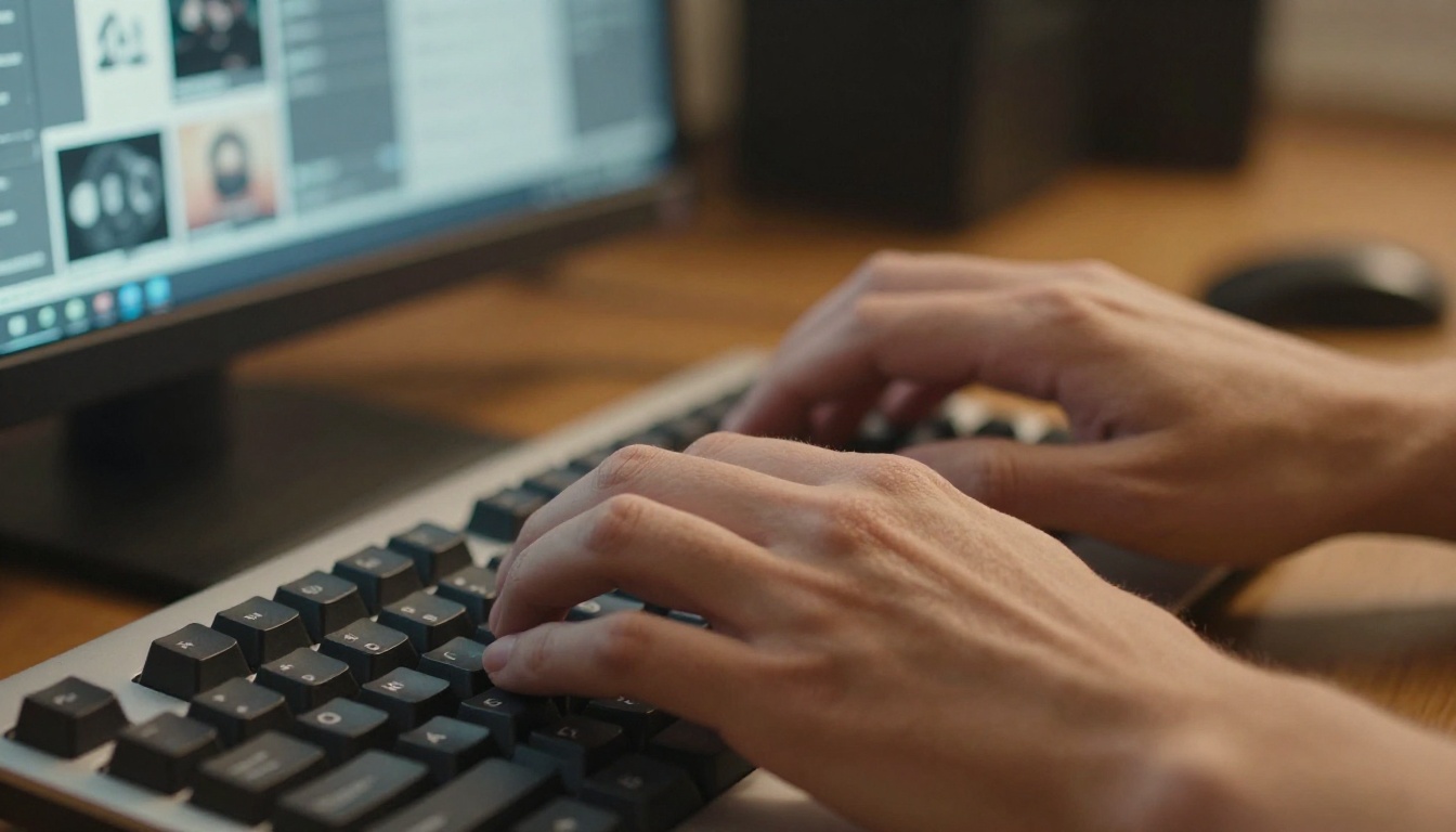 Professional's hands typing on a keyboard with creative software visible in the background
