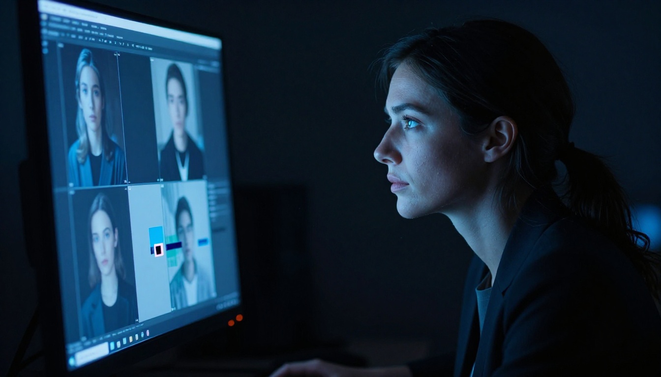 Creative professional analyzing AI output on a monitor in a dark studio
