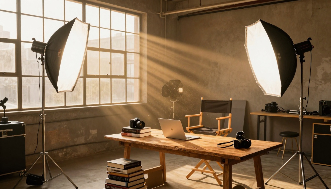 Photography studio with golden light and professional equipment