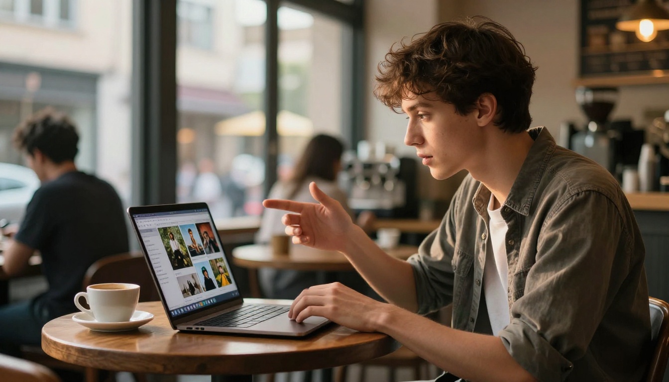 Young man at a café table with an AI image generation interface open on his laptop