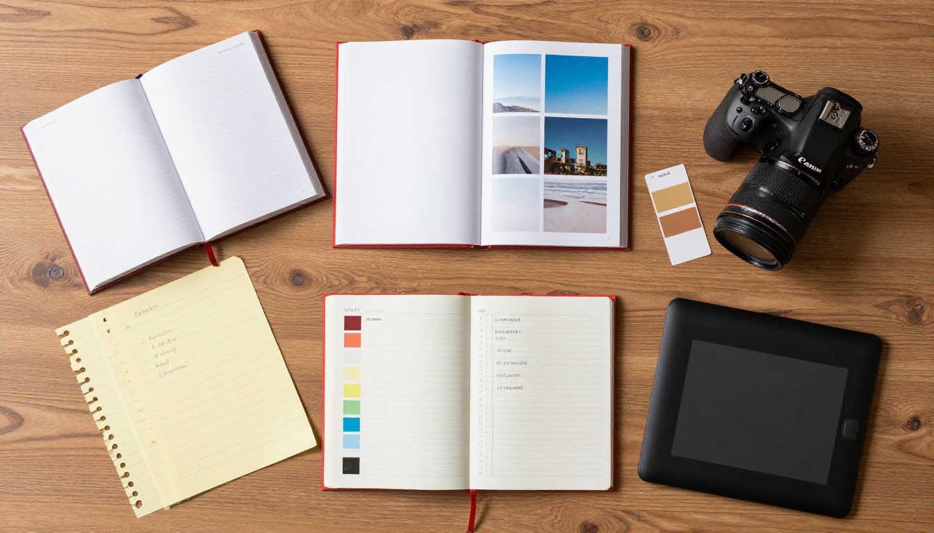 Aerial flat-lay overhead view of a creative professional's workspace with printed photographs and reference materials