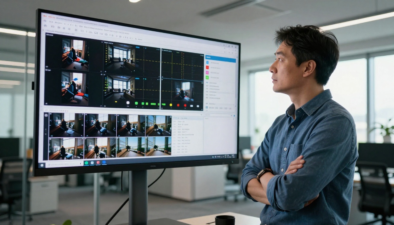 Technology professional reviewing image analysis metrics on a large wall-mounted monitor