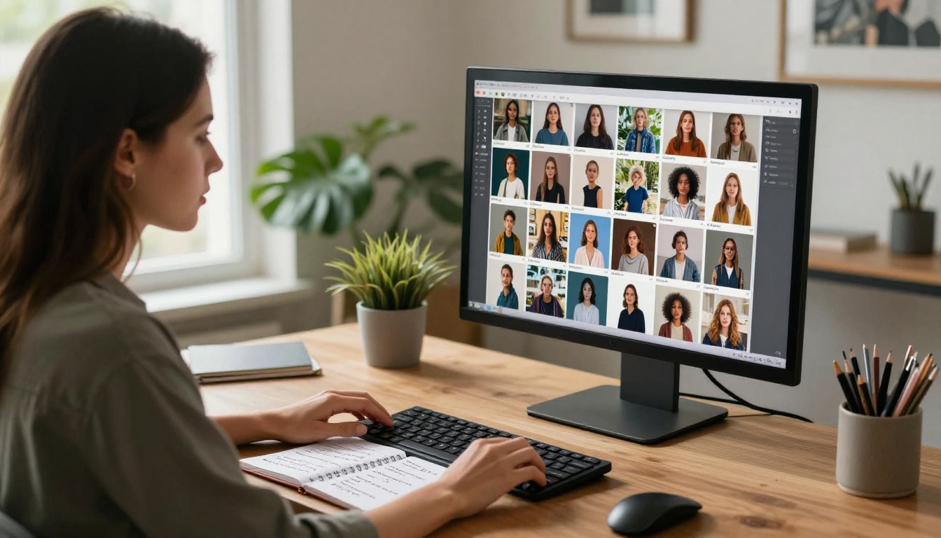 Woman at a standing desk experimenting with AI image prompts on her monitor