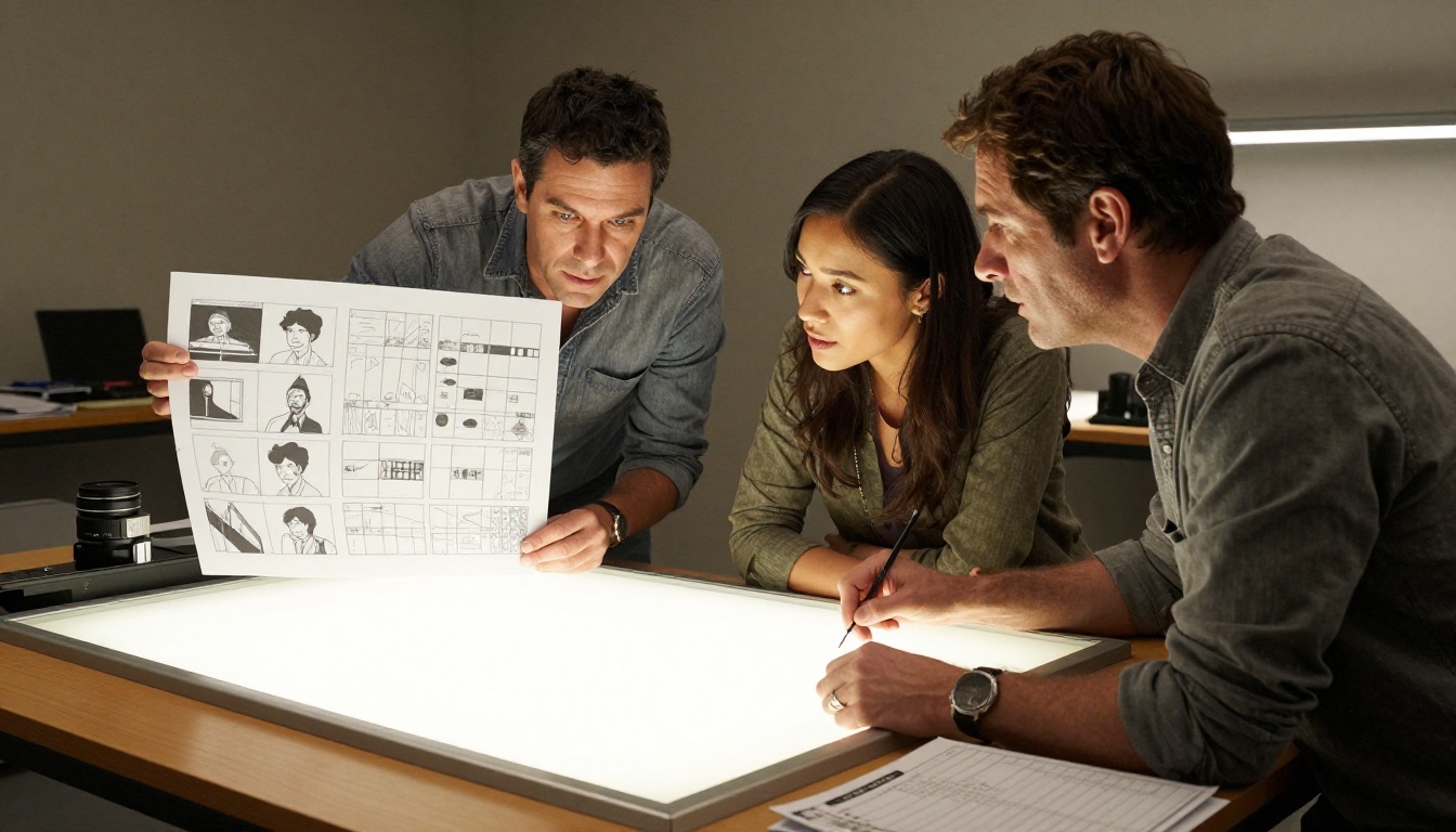 Producers comparing storyboard frames Producers comparing storyboard frames