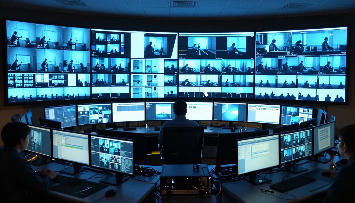 Post-production editing suite at night Post-production editing suite at night