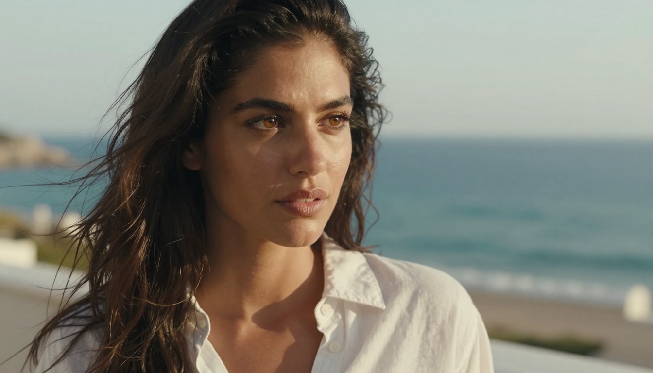Photorealistic portrait of a woman at a Mediterranean terrace with turquoise sea in background