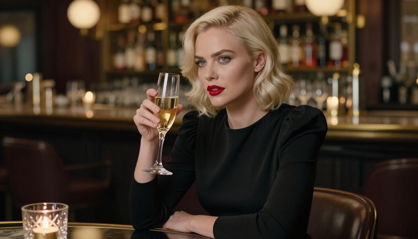 Woman in black evening gown seated at a luxury hotel bar, champagne glass in hand
