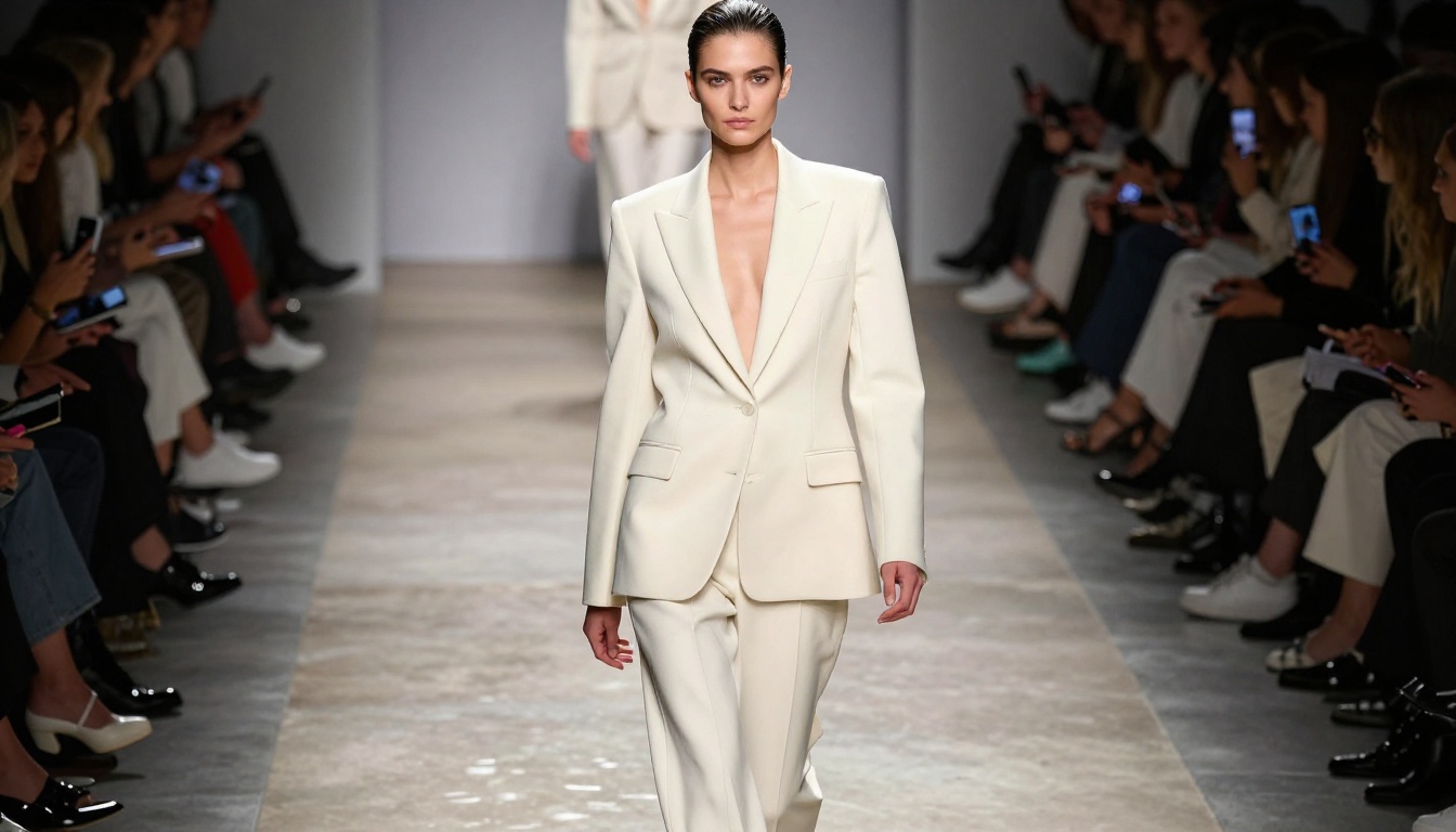 Low-angle fashion shot of a confident woman walking toward camera on a runway, dramatic overhead lights