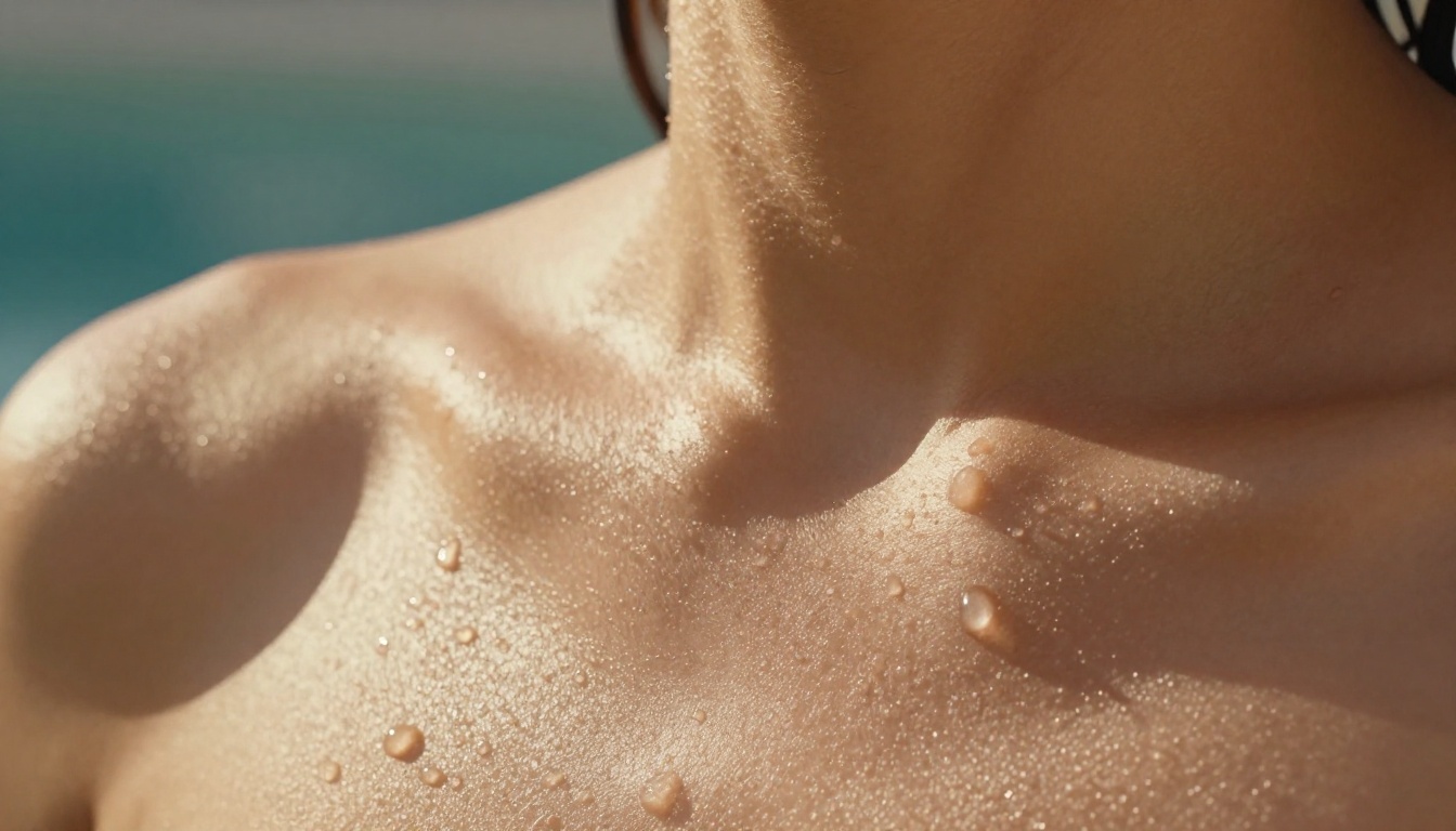 Macro photograph showing water droplets on warm golden-brown skin, extraordinary texture detail visible