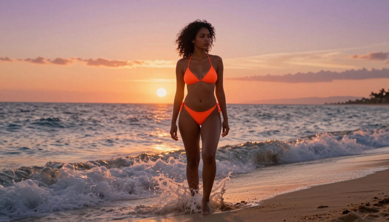 Woman in orange string bikini at the shoreline of a tropical beach at sunset, ocean waves around her feet