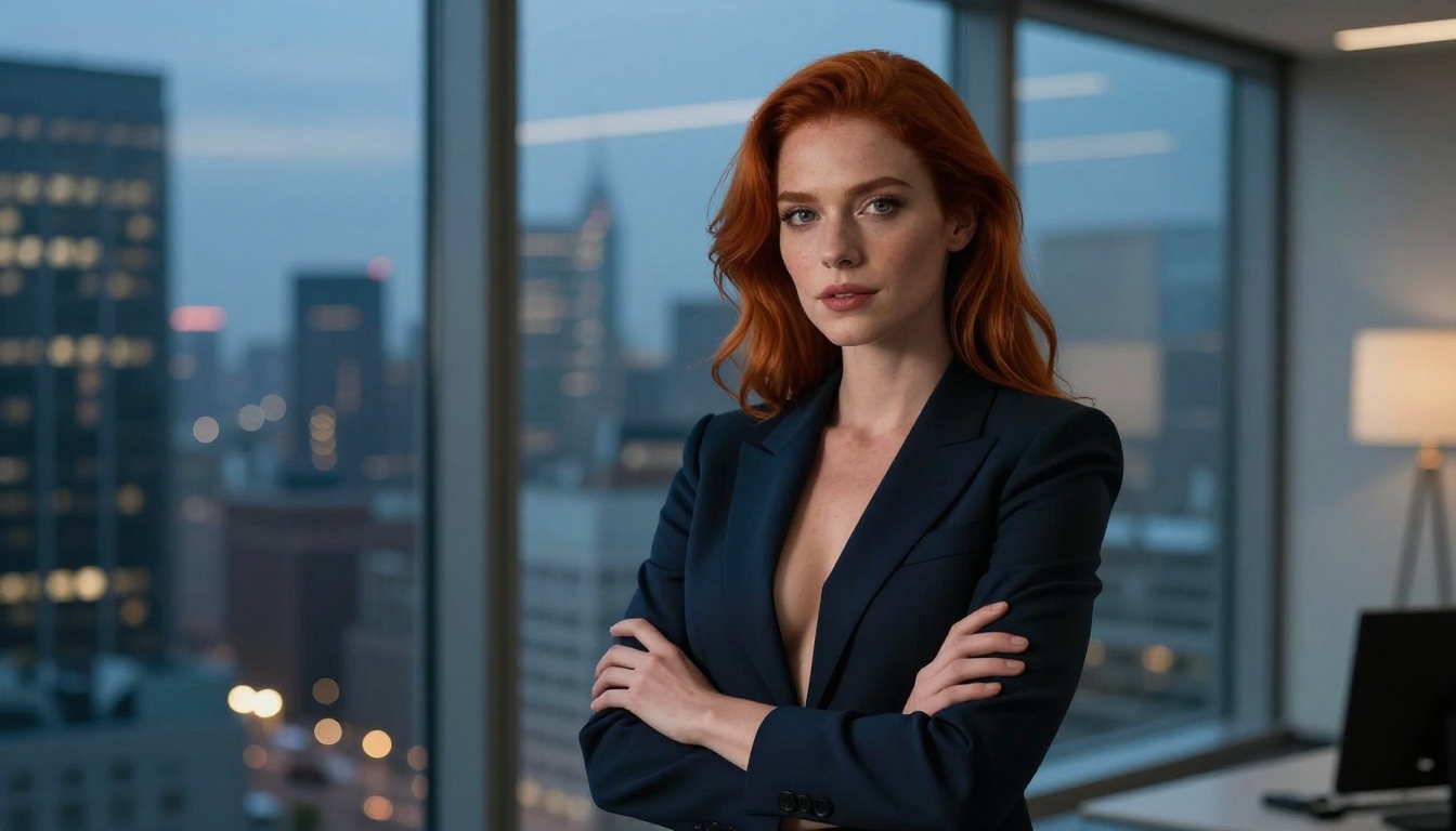 Woman with red hair in an open tailored blazer, standing before floor-to-ceiling glass office windows at dusk, soft city bokeh behind