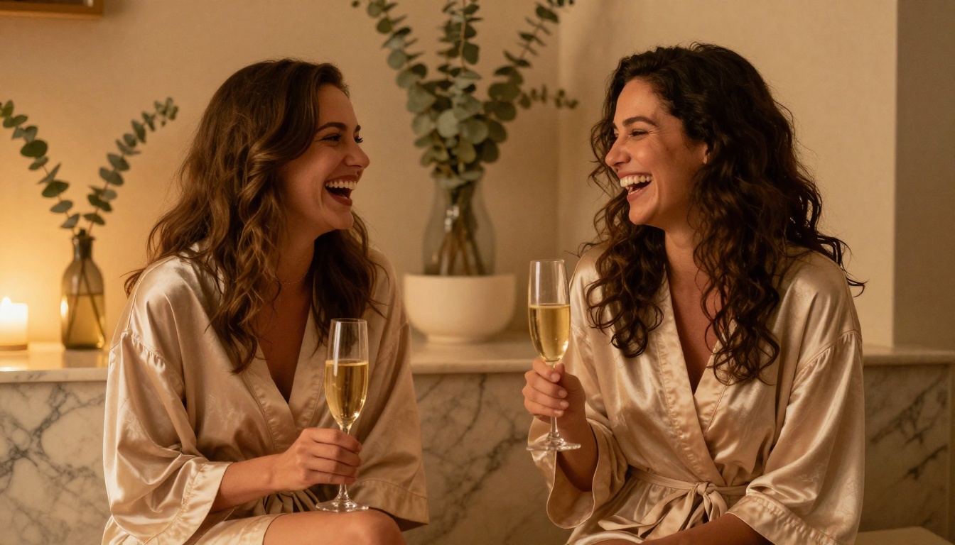 Luxury spa lifestyle photo showing naturalistic AI rendering of candid human interaction and emotion Luxury spa lifestyle photo showing naturalistic AI rendering of candid human interaction and emotion