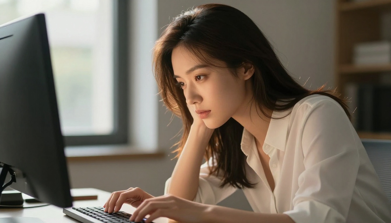 Woman at keyboard interacting with AI interface, natural window light from the left