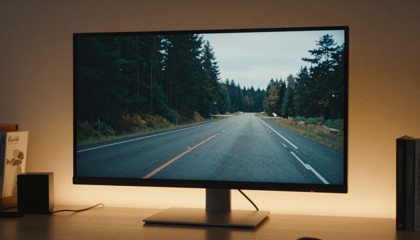 Monitor showing two contrasting digital artworks side by side, warm desk lamp light