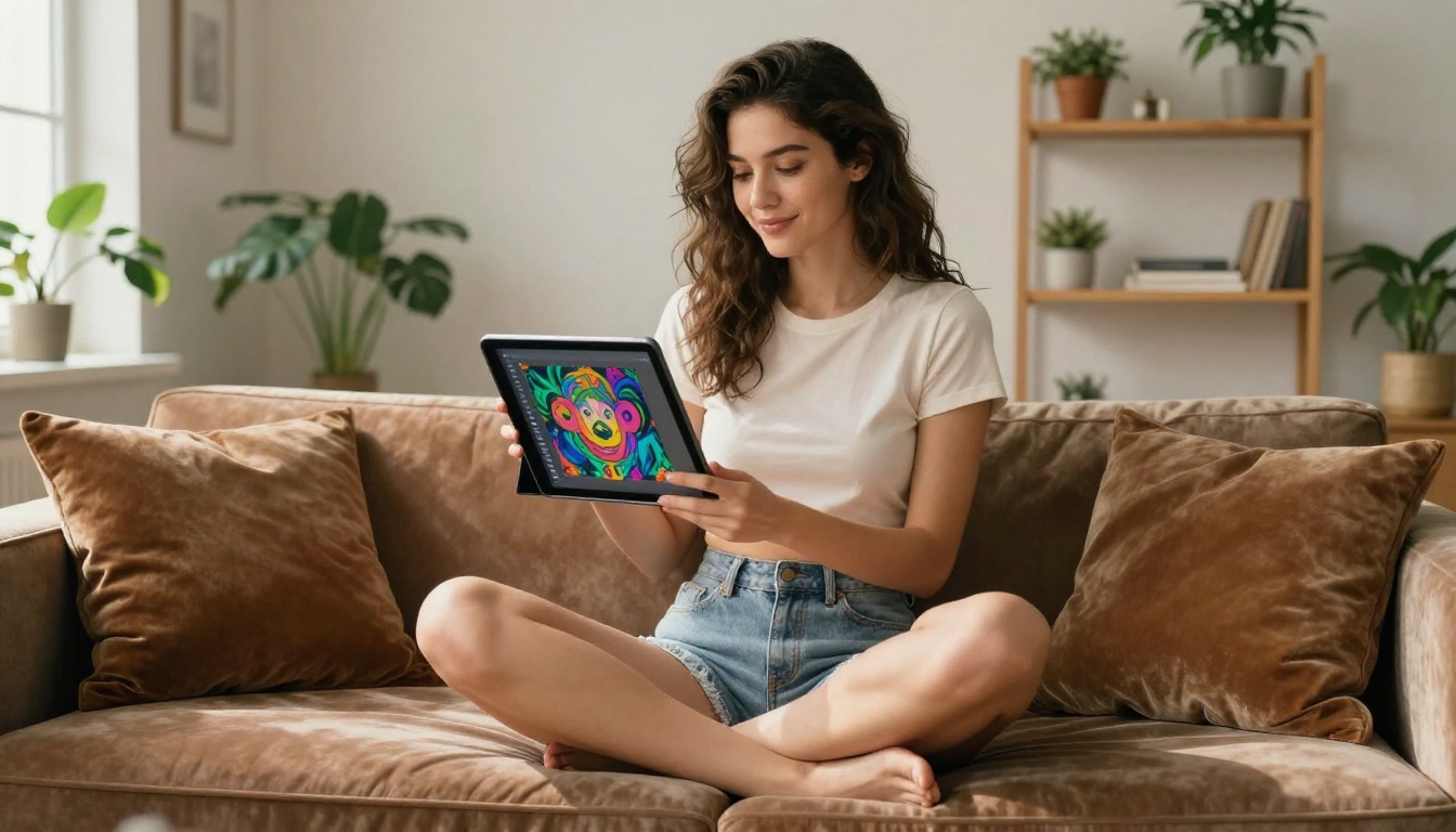 Woman on velvet studio couch holding tablet with AI artwork, overhead skylight diffused light