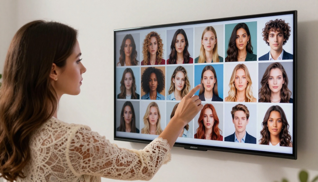 Woman in lace top reaching toward touchscreen wall displaying a grid of AI portraits