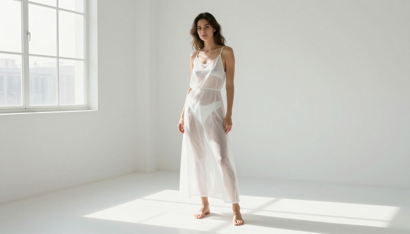 Woman in sheer white summer dress in minimalist photography studio, aerial shot from above