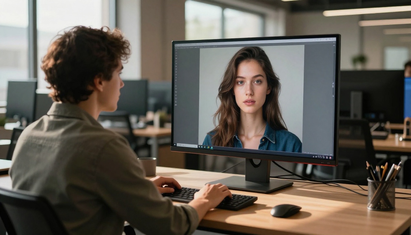 Man and woman reviewing AI portrait output on large office monitor, afternoon window light