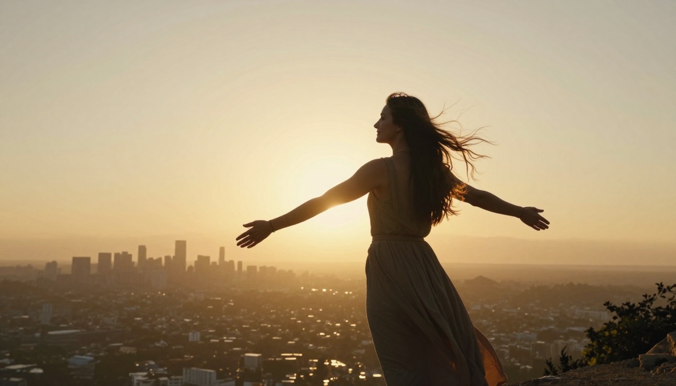 Woman with flowing hair at cliffside overlook, golden hour backlight, wide low-angle shot