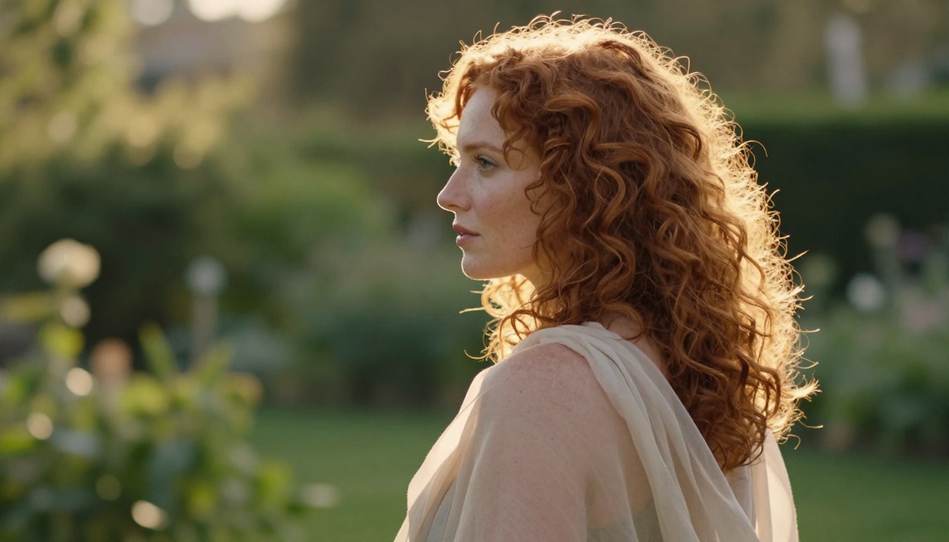 Profile portrait with natural curly red hair, realistic skin tone, freckles on shoulders, and outdoor garden backlight