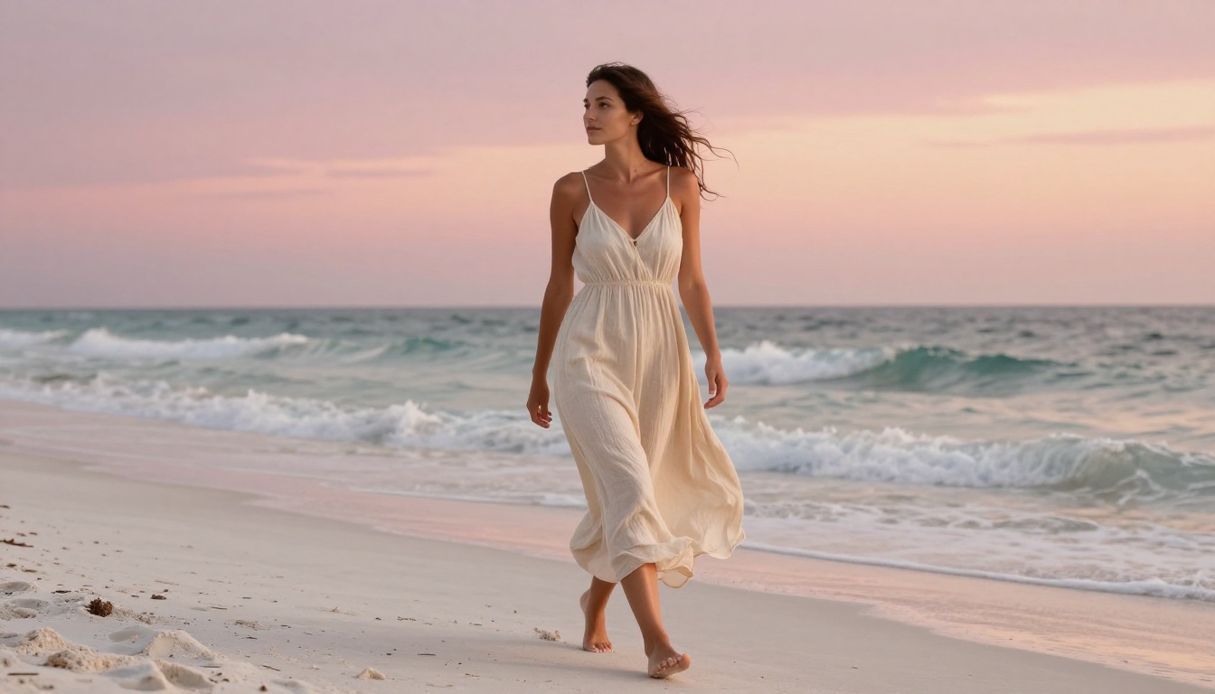 Beach dawn lifestyle shot of woman in linen sundress with natural wind movement and warm pink morning light