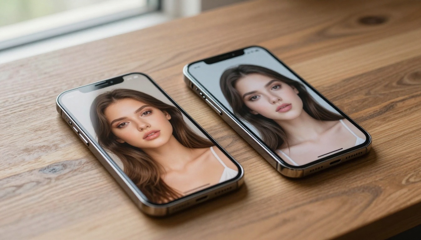Two smartphones side by side showing different AI-generated glamour outputs for direct model quality comparison