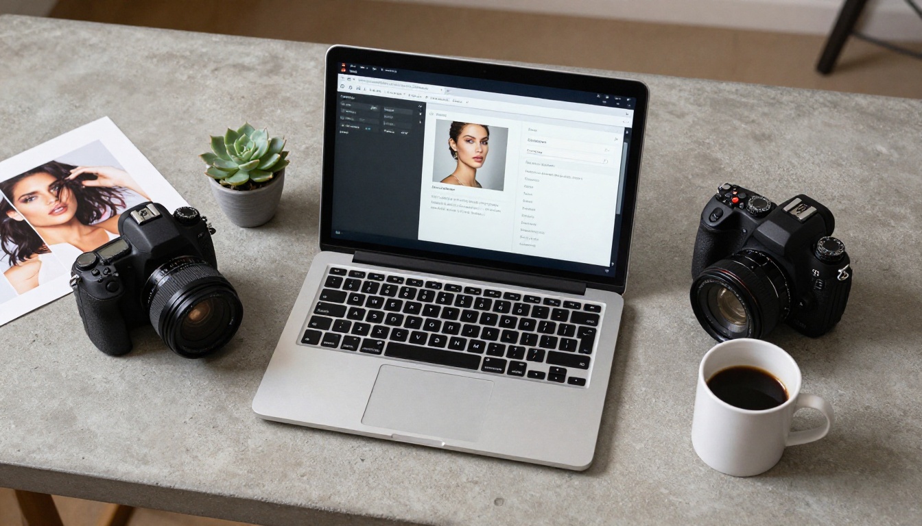 Overhead flat-lay of photographer workspace with laptop showing AI generation interface, DSLR camera, and printed test images