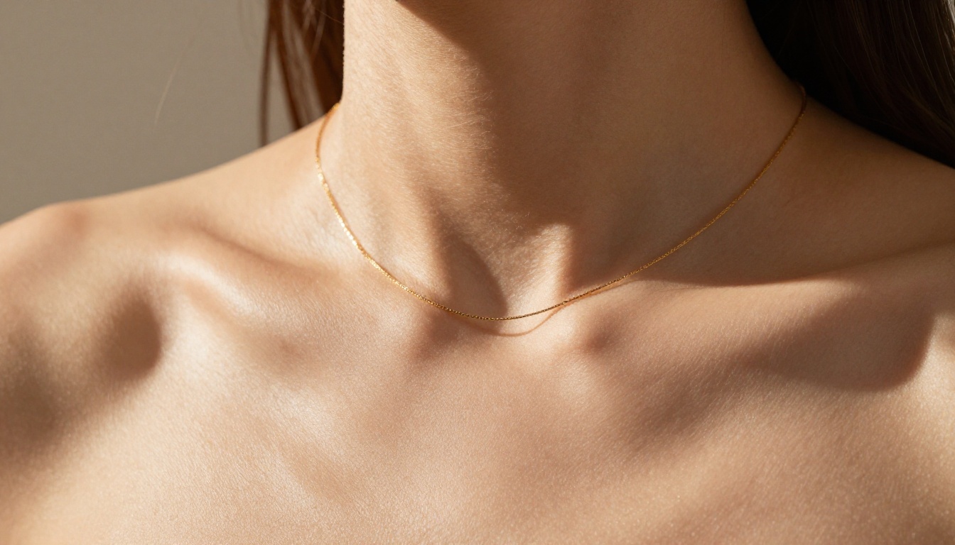 Extreme close-up of shoulders and collarbone with detailed skin texture, thin gold necklace, and 45-degree studio strobe