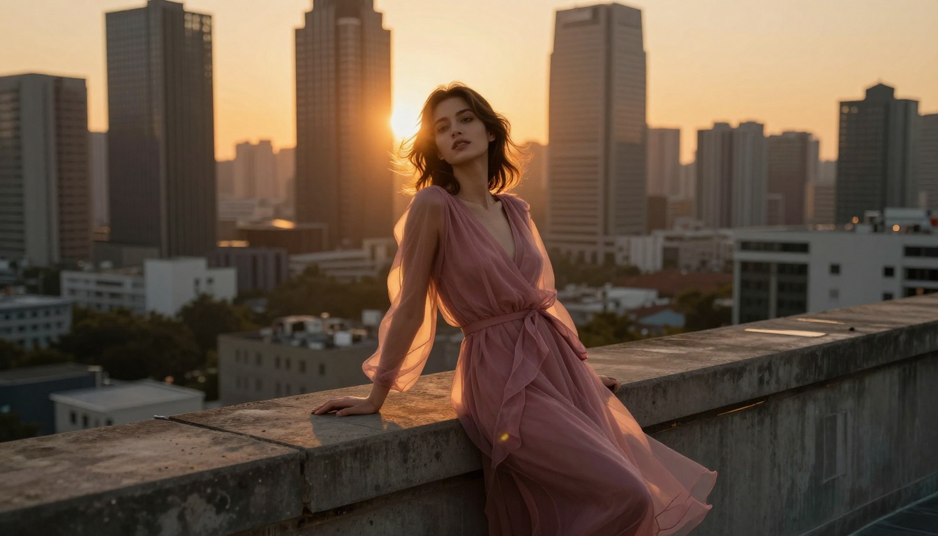 Rooftop sheer chiffon dress backlit cityscape at dusk Rooftop sheer chiffon dress backlit cityscape at dusk