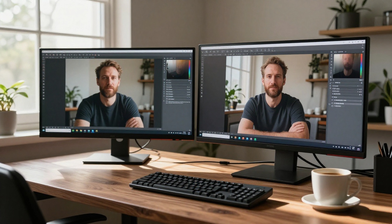 Dual monitors AI generation workspace home office Dual monitors AI generation workspace home office