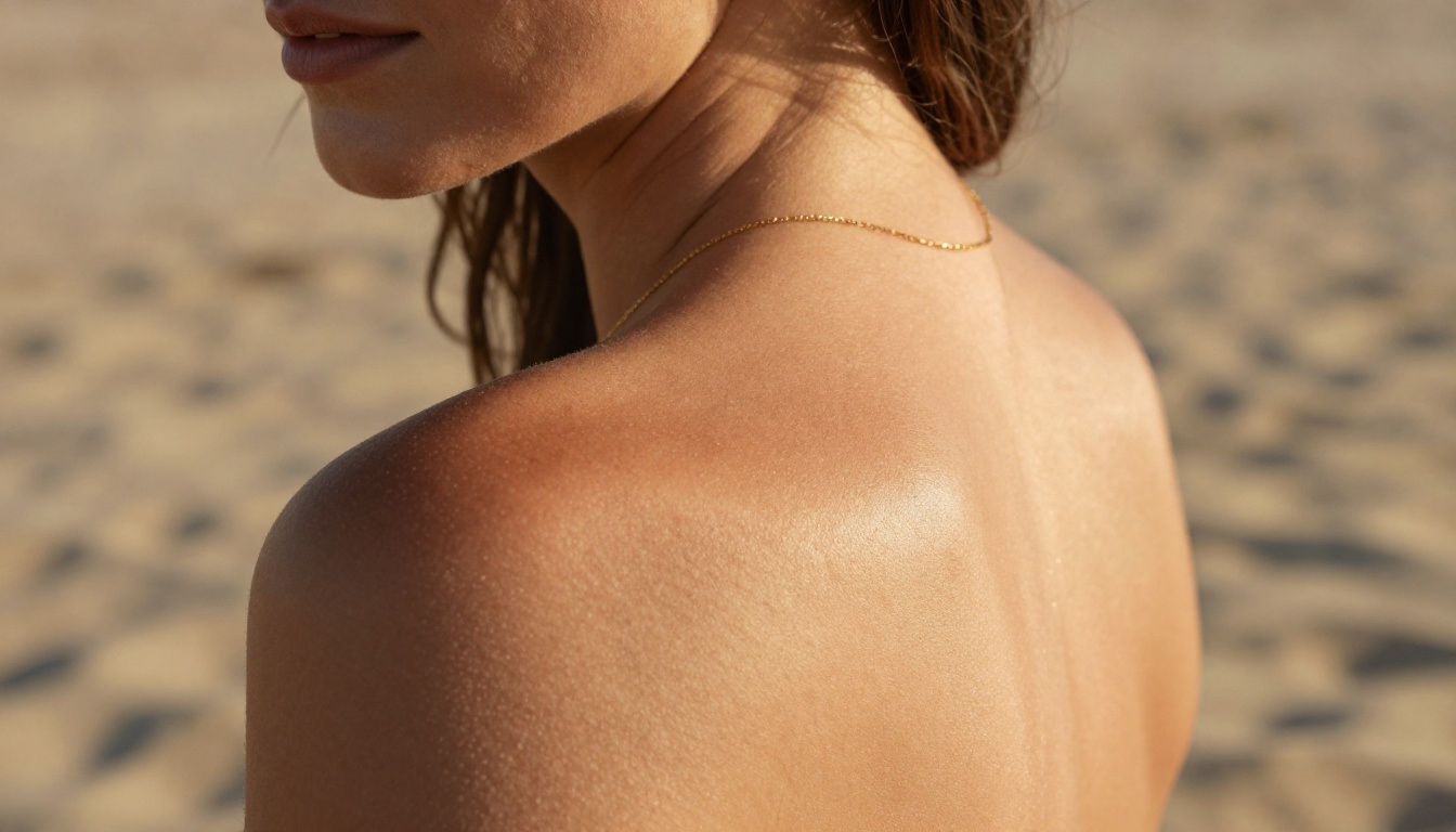 Close-up of shoulder and collarbone with gold necklace