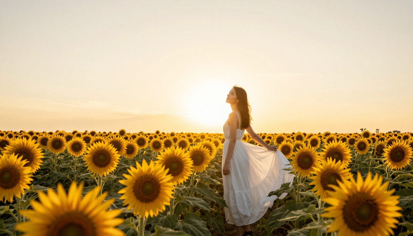 Woman in flowing dress in sunflower field at golden hour