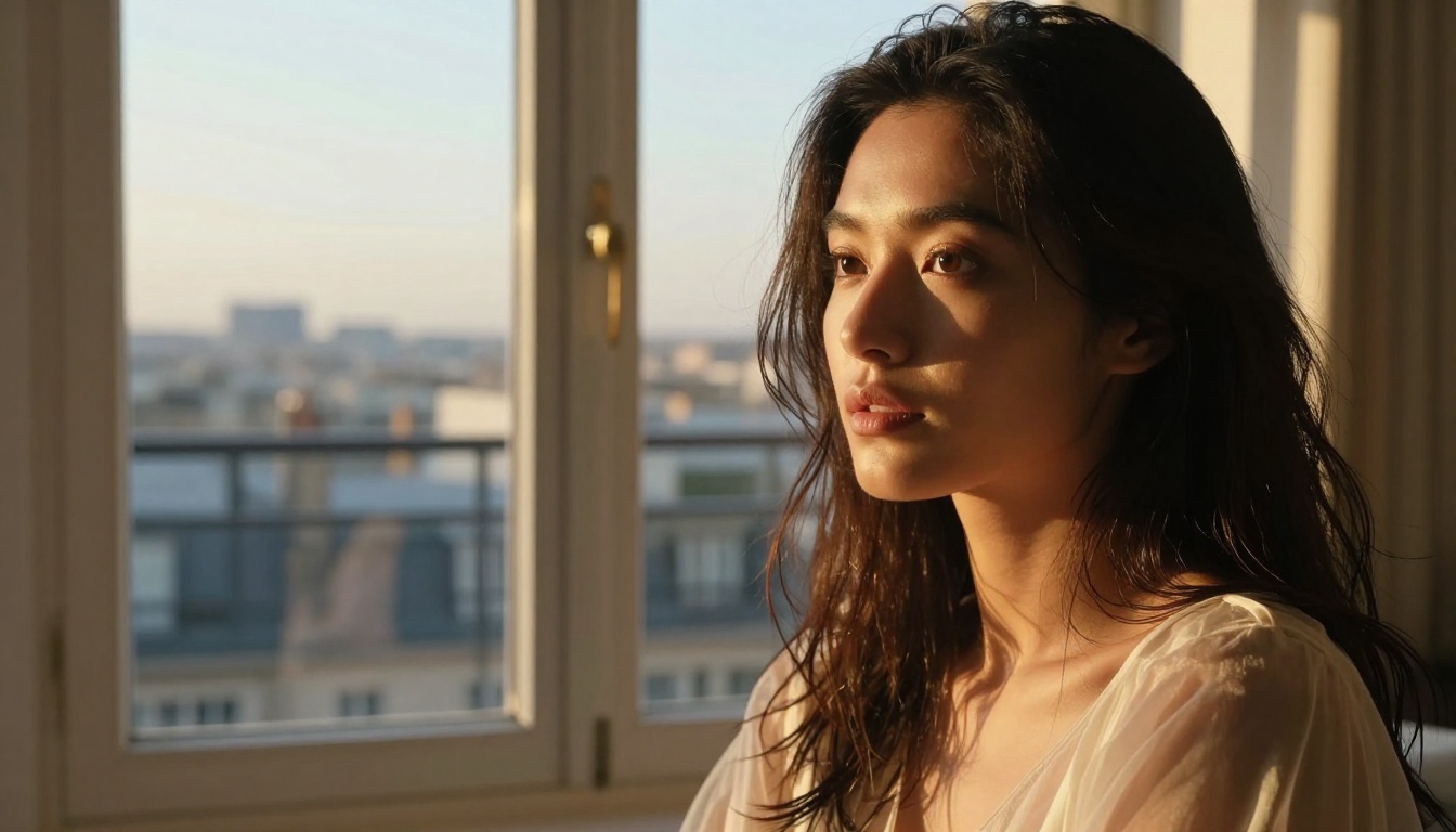 Dark-haired woman in ivory camisole by Parisian window at golden hour, shallow depth of field beauty portrait