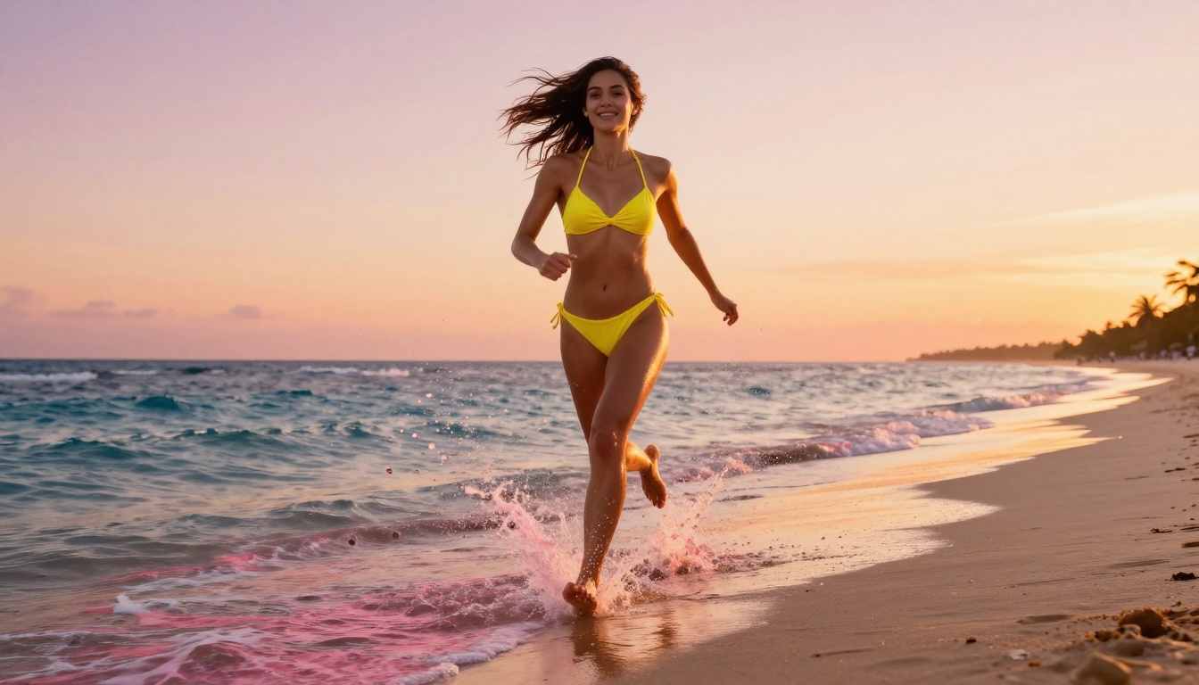 Woman in yellow bikini running along tropical beach at sunrise, motion frozen, rose-gold light