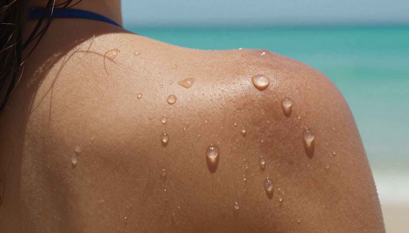 Macro close-up of sun-tanned shoulders with ocean water droplets, sidelight creating specular highlights, photorealistic