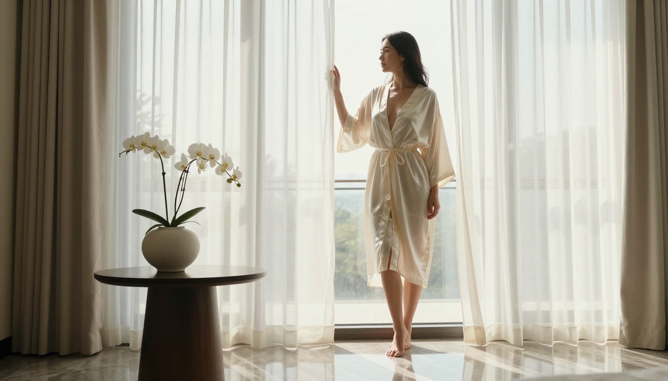 Elegant woman in sheer ivory silk robe standing at a bay window in a high-end spa retreat, soft diffused morning light filtering through white curtains, one hand resting on the glass, photorealistic 8K RAW photography Elegant woman in sheer ivory silk robe standing at a bay window in a high-end spa retreat, soft diffused morning light filtering through white curtains, one hand resting on the glass, photorealistic 8K RAW photography