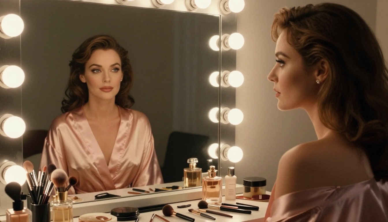 Woman in blush satin robe at a Hollywood vanity mirror with circular tungsten catchlights, reflection visible in mirror showing front and back, Phase One IQ4 lens, photorealistic 8K RAW studio photography Woman in blush satin robe at a Hollywood vanity mirror with circular tungsten catchlights, reflection visible in mirror showing front and back, Phase One IQ4 lens, photorealistic 8K RAW studio photography