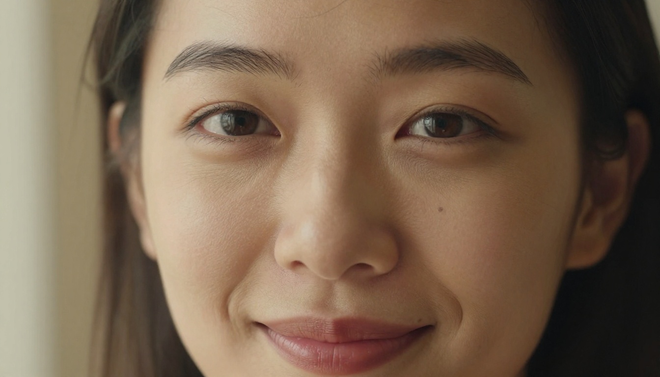 Extreme close-up portrait of a woman's face showing detailed skin texture, pores, and natural features in window light