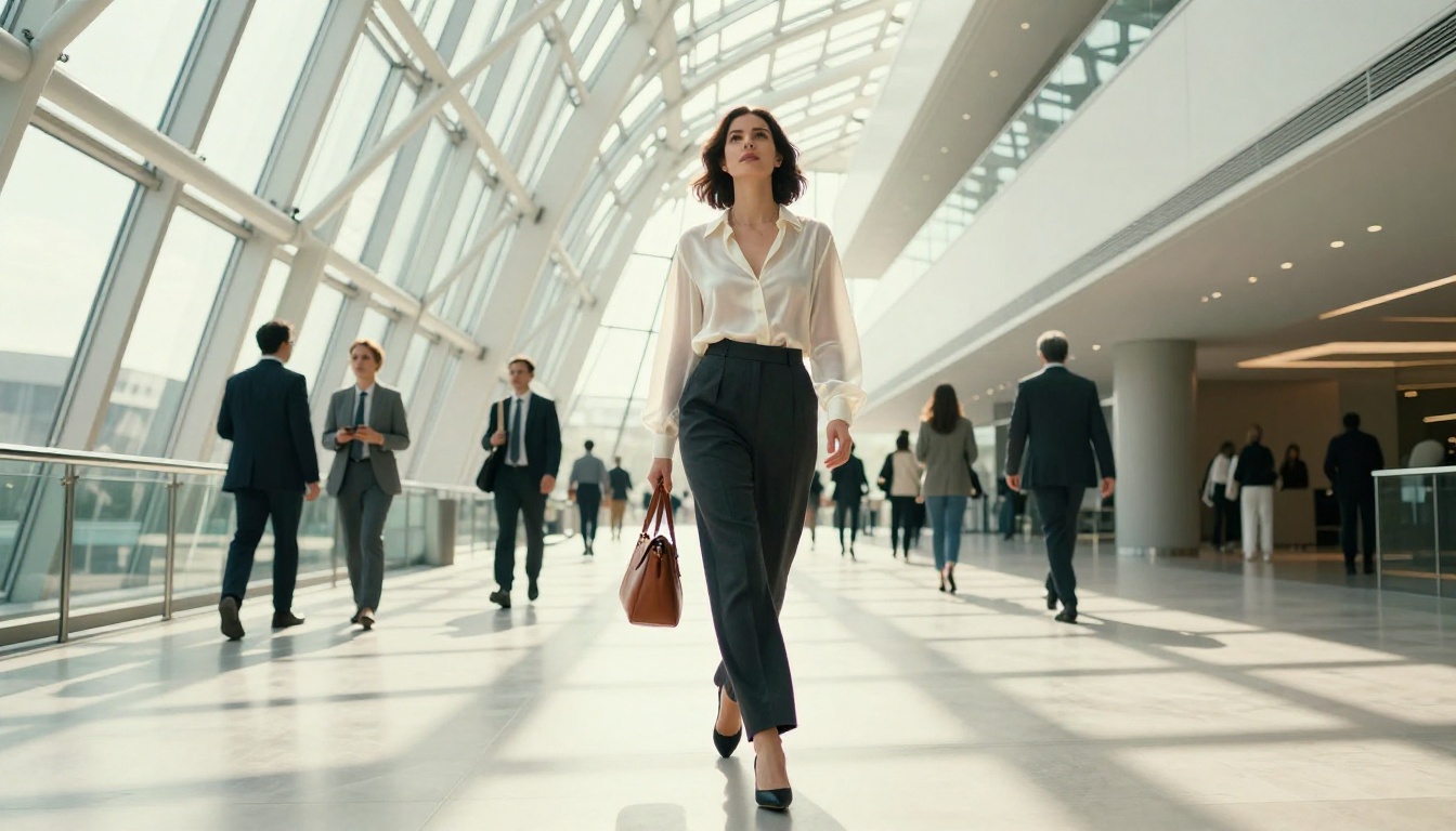 Low-angle shot of a woman walking through a modern glass atrium with dramatic upward perspective and architectural compression