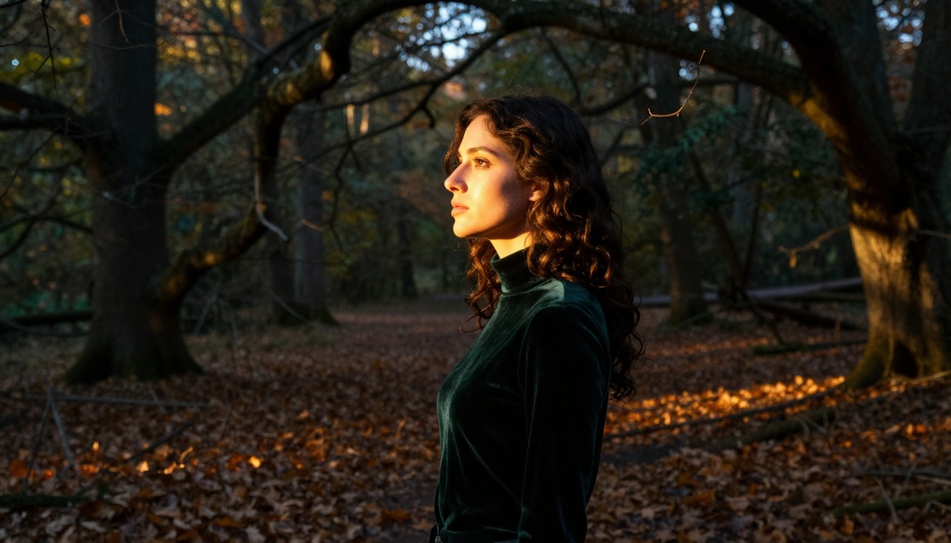 Dramatic side profile of a woman standing at a forest clearing edge at twilight, rim-lit with golden backlight, dark green velvet turtleneck