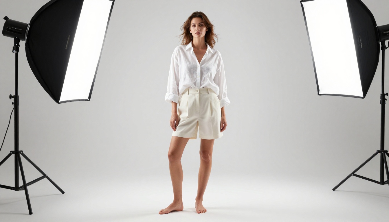 A woman in a minimalist all-white studio with even octabox lighting, oversized linen shirt, barefoot on seamless paper backdrop