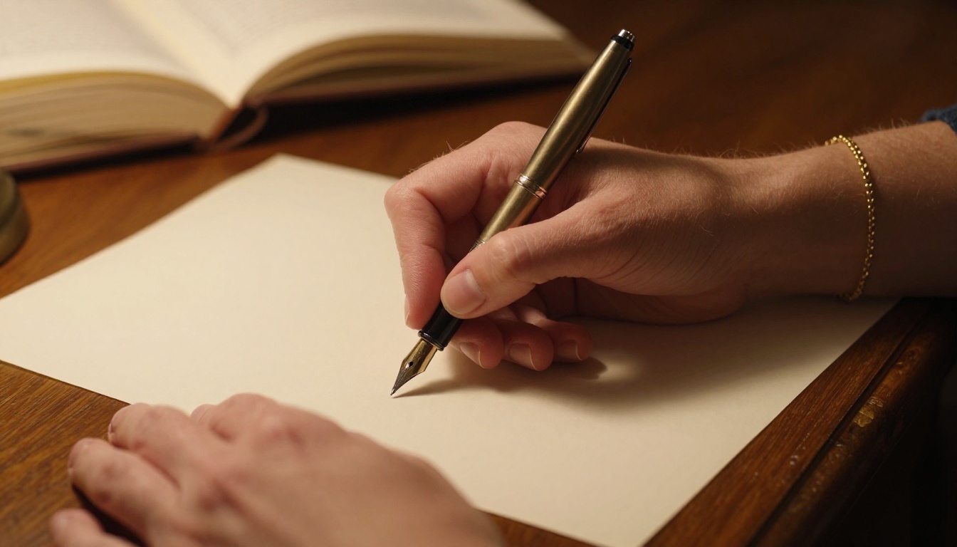 Close-up of a woman's hands on a mahogany desk holding a fountain pen, gold bracelet, detailed skin texture and veins visible