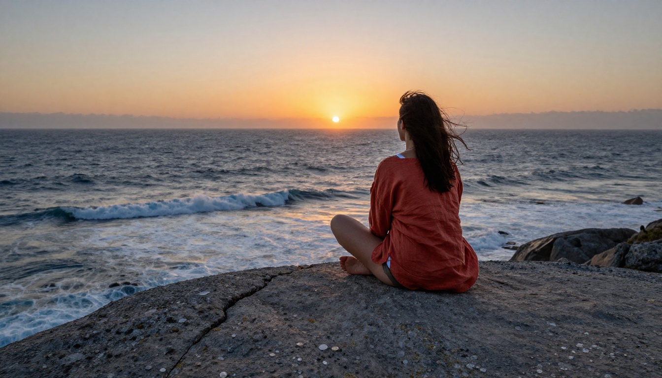 A woman sitting on a rocky ocean cliff at sunrise facing the Atlantic horizon, back to camera, terracotta jacket, granite rock detail in foreground
